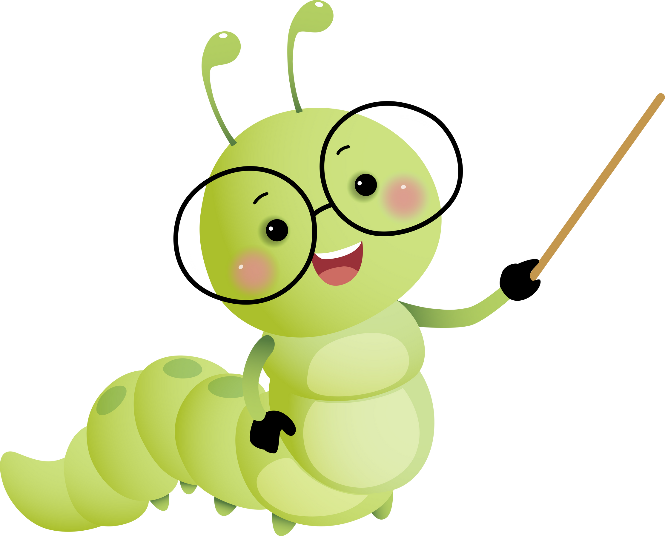 Cartoon caterpillar teacher wearing glasses and holding poin